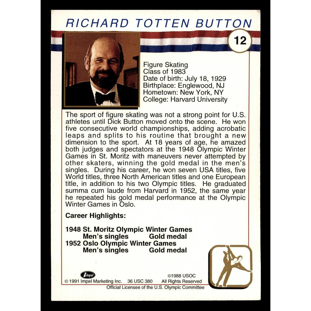 1991 Impel U.S. Olympic Hall of Fame #12 Dick Button Card - Picture 2 of 2